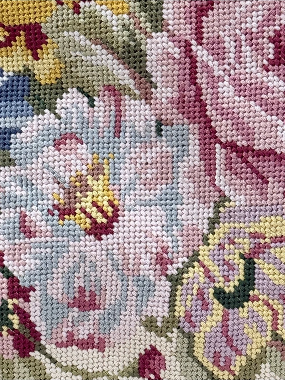 Needlepoint Floral Bouquet Square Accent Pillow Blue